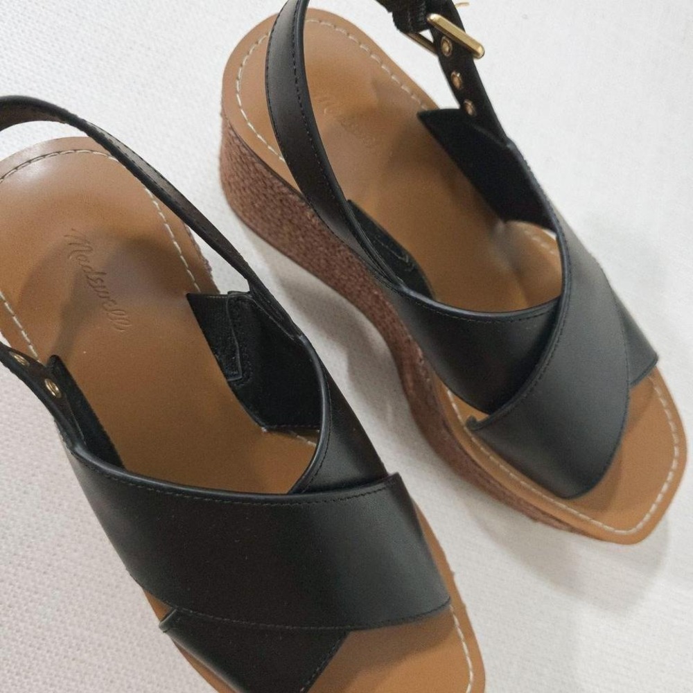Madewell Black Leather Crisscross Espadrille Platform Wedge Sandals Size 8